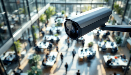 Close-up of modern security camera in high-rise office, vibrant workspace blurred behind.
