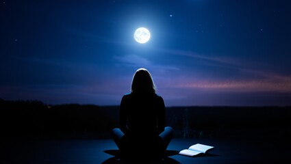 A girl sits cross-legged in meditative stillness under a glowing full moon in the deep blue night sky. Her silhouette is gently illuminated by moonlight as she gazes upward, lost in thought or prayer.