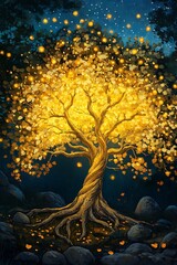 Glowing Golden Tree of Life at Night