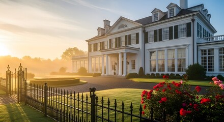 Elegant White Colonial House with Lush Green Lawn at Sunrise