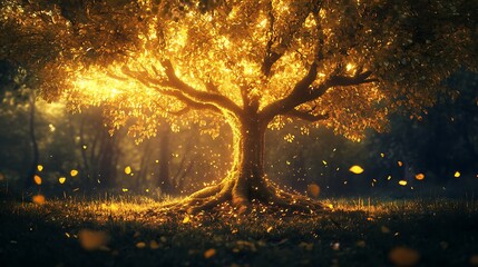 Glowing Golden Tree of Life in a Dark Forest