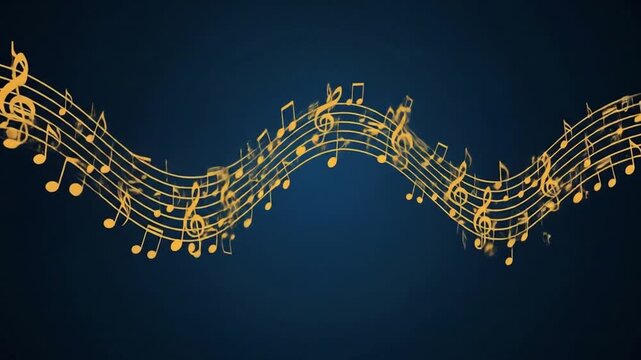 Golden Musical Tapestry: A cascade of golden musical notes dance across a deep blue canvas, composing an enchanting, photorealistic symphony of art, celebrating rhythm and the magic of sound.