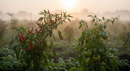Organic Red Chili and Green Tomato Plants in Misty Morning Garden