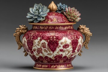 Elegant decorative pot with vibrant succulents displayed against a neutral backdrop in a modern setting