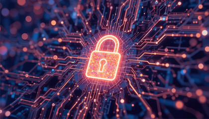 A glowing padlock embedded in a blockchain