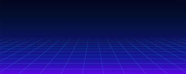Retro neon background with 80s styled laser grid and stars from vintage arcade computer games
