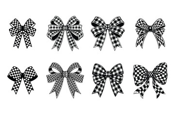 Set of Black and White Checkered Pattern Ribbon Bows Vector