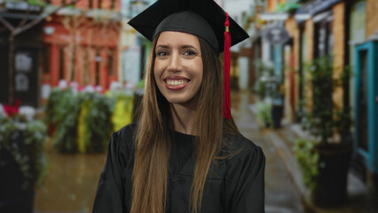 Woman smiles wearing graduation cap and gown with red tassel on sunlit city street; academic...