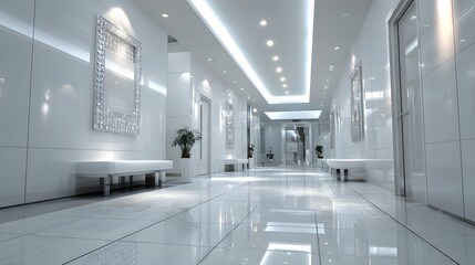 Elegant white hallway with decorative framed mirror.