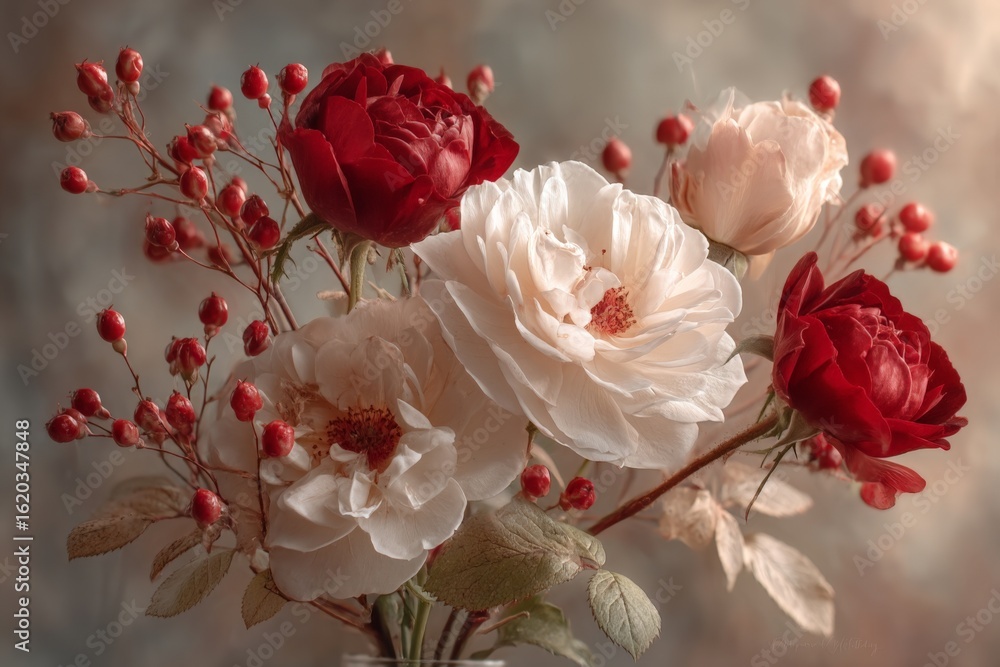 Poster beautiful arrangement of red and white roses with berries in a soft background setting