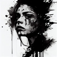 Fototapeta premium Abstract Monochrome Portrait of Female Figure: Black and White Ink Splatter, Emotional Expression in Contemporary Digital Artwork with Dramatic Lighting, Bold Lines and Intense Gaze