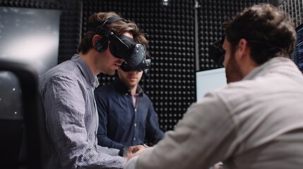 Virtual reality experience in a tech studio with three participants engaged in interactive activities