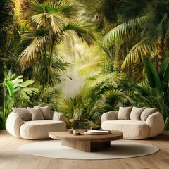 Fototapeta premium A contemporary living room with a comfortable sofa and a palm tree, blending interior design with natural elements for a luxurious home