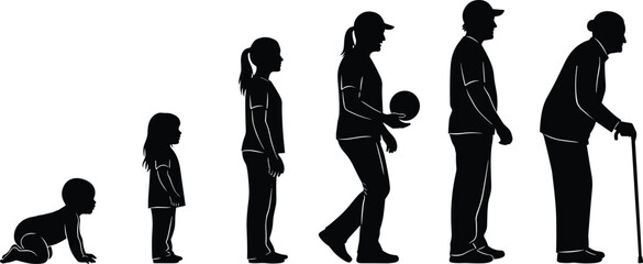 Human life cycle silhouette showing stages from crawling baby to elderly person, age progression, growing up, aging, lifespan evolution