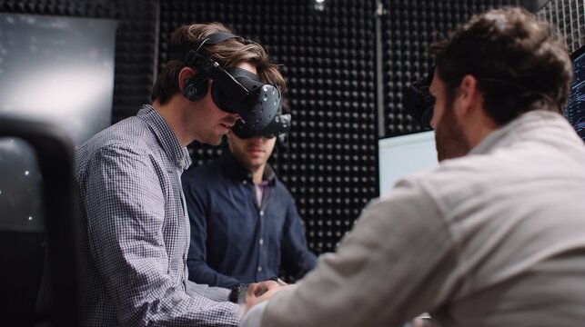 Virtual reality experience in a tech studio with three participants engaged in interactive activities - Powered by Adobe