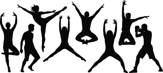 Dynamic silhouettes of diverse athletic poses, showcasing movement, strength, balance, and flexibility, perfect for fitness, dance, and wellness themes