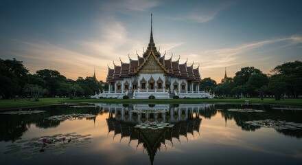Obraz premium Stunning Sunset Reflection of Thai Temple in Bangkok