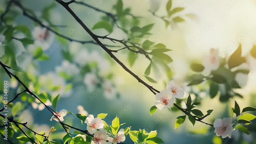Poster sunlight filtering through blossoming tree branches in spring