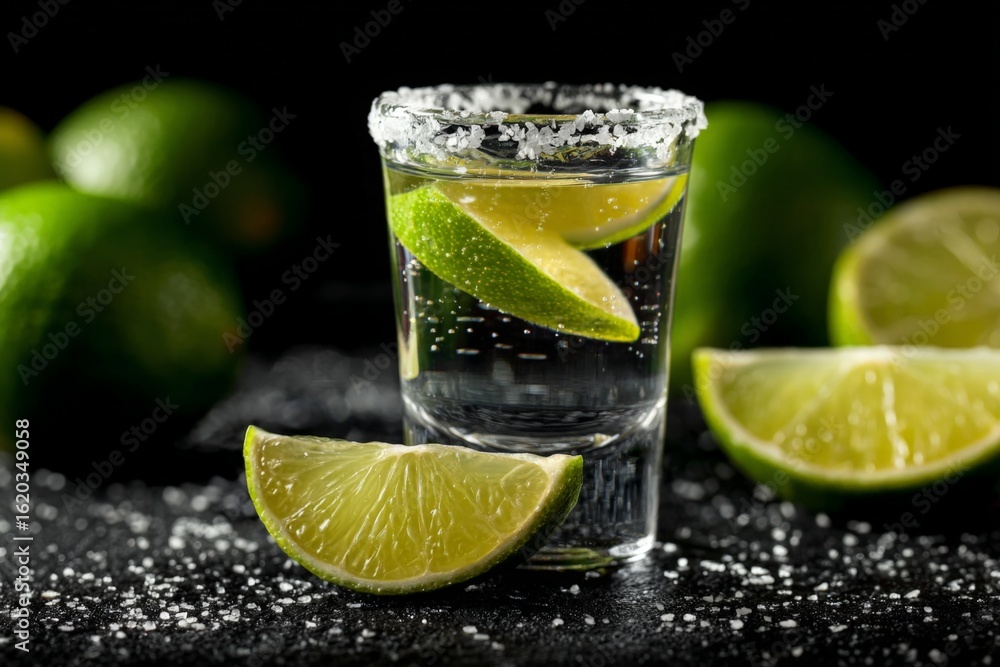 Poster refreshing shot of clear spirit garnished with lime slices on a dark table with scattered salt and l