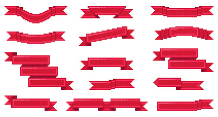 Pixel ribbons. Red 8 bit game assets, blank vintage banners, retro play design elements, flags, frames and labels, folded and curled empty tapes, decorative qualitative vector isolated set