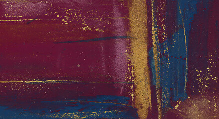 Elegant abstract art featuring bold brushstrokes in red and blue with shimmering gold accents