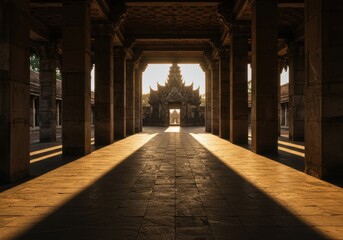 Fototapeta premium Golden Hour at Angkor Wat Sunlit Columns and Ancient Architecture