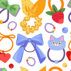 Hair scrunchies seamless pattern. Girly hairstyle trendy accessories, repeated elements with different decor. Textile, wrapping paper, wallpaper. Print for fabric splendid vector background