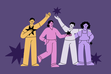 Doodle people group. Young creative specialists team, funny guys, girls and boys hold stars, successful startup, happy workers together, cartoon flat style isolated garish vector concept