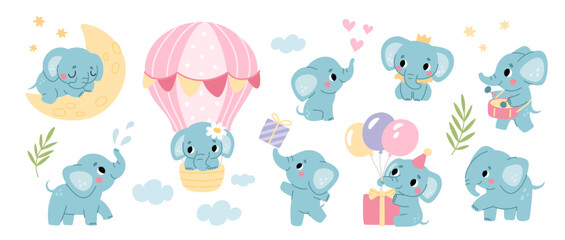 Cute elephant character. Funny baby animal in different poses, emotions, actions, happy little comic mascot, wildlife safari mammal, crescent and air balloon cartoon garish vector set