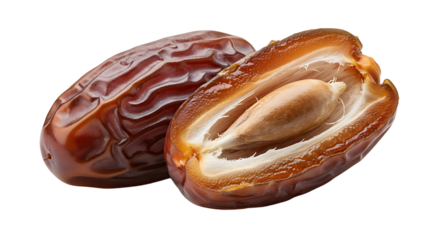 Closeup of a whole date and a halved date showing the seed with textured skin.