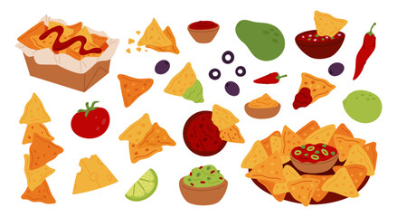 Cartoon nachos. Corn chips, triangular dry snacks, different sauces and additives, avocado guacamole dip, salsa bowl, ketchup, isolated mexican traditional menu elements, garish vector set