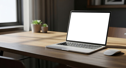 Fototapeta premium laptop with blank white screen in office