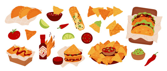 Traditional mexican food. Spicy dishes, holiday, everyday cuisine, nachos, quesadillas, tacos, burritos with salsa and guacamole, street takeaway meal cartoon isolated garish vector set
