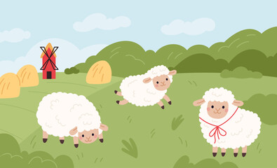 Sheep in pasture. Funny little lambs on green field, cute curly farm animals grazing grass, fluffy happy characters, summer landscape cartoon isolated illustration, garish vector concept