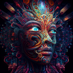 Obraz premium Abstract Colorful Psychedelic Design: 3D Futuristic Artistic Portrait and Figurative Sculpture with Surreal Face, Symmetrical Composition, Mesmerizing Features, and Vibrant Patterns in Digital Artwork