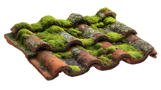 Clay roof shingle with moss and lichen, aged and organic texture, isolated on Transparent background