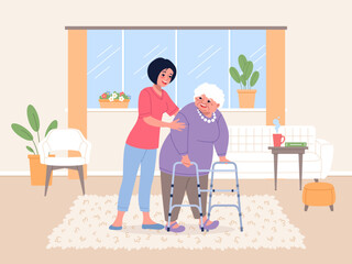 Elder people care. Social worker helps elderly woman around house, volunteer at pensioner home, volunteer nurse with grandma, grandmother on walkers cartoon flat style classy vector concept