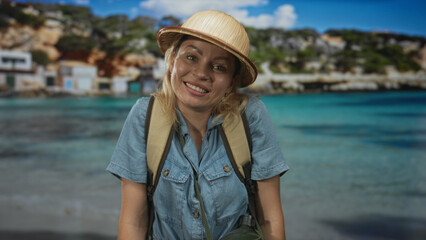 Young blonde woman smiling with backpack on sandy shore at beach under blue sky in sunlight;...