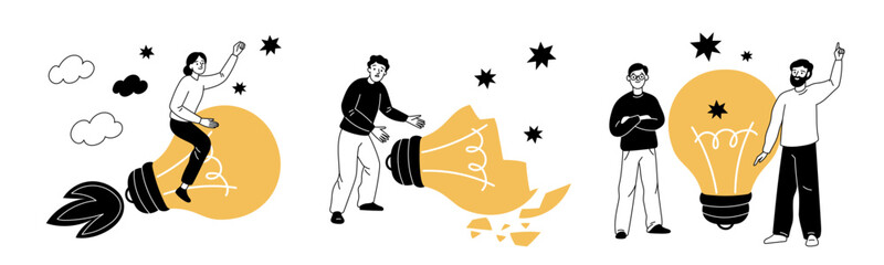 Doodle people with light bulbs. Hand drawn characters generate successful idea, broken lamp, failed startup, brainstorming teamwork, cartoon flat style isolated garish vector concept