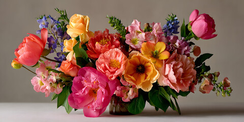 Obraz premium Vibrant bouquet of assorted flowers displayed against a white backdrop, flora, fresh, summer