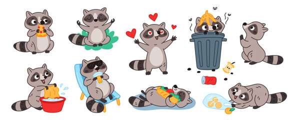 Cute raccoon character. Little fluffy animal, happy wild mammal in garbage bin, cartoon funny mascot steal food, different poses and actions, eating and playing garish vector isolated set