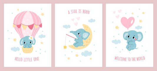 Cute elephants. Little animals, welcome cards for newborns, delicate design, baby birthday prints, nursery room posters, adorable creature cartoon flat style isolated garish vector set