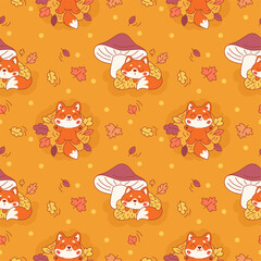 Cute fox seamless pattern. Repeated funny redheads animals, autumn season elements, yellow leaves, mushroom. Textile, wrapping paper, wallpaper. Print for fabric garish vector orange background