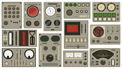 Control panel buttons. Retro spaceships dashboards, analog devices and techniques, metal consoles, dials and indicators, old spacecraft cockpit interface, qualitative vector isolated set