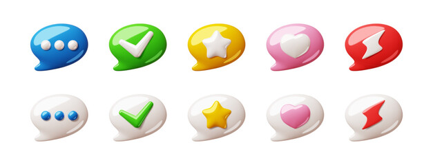 Cartoon 3d speech bubbles. Different simple symbols in dialogue boxes, rounded glossy shapes design, social media communication signs, star and heart symbols, render isolated classy vector set