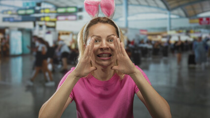 Young blonde woman wearing bunny ears shouting with hands cupped around mouth while seated at a...