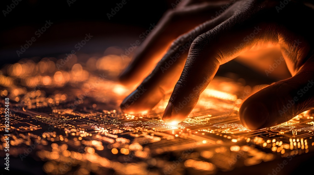 Poster close-up view of hands hovering over illuminated circuit board.