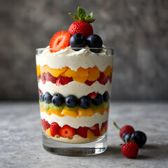 Parfait: Layers of ice cream, fruit, and yogurt. The harmonious blend of various ingredients creates a smooth and sweet flavor. A vibrant blend of colorful fruits and cream.