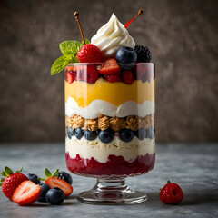 Parfait: Layers of ice cream, fruit, and yogurt. The harmonious blend of various ingredients creates a smooth and sweet flavor. A vibrant blend of colorful fruits and cream.