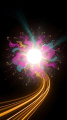 Abstract Spherical Object with Colorful Flowing Liquid and 3D Particles – Futuristic Artistic Design on Dark Background
